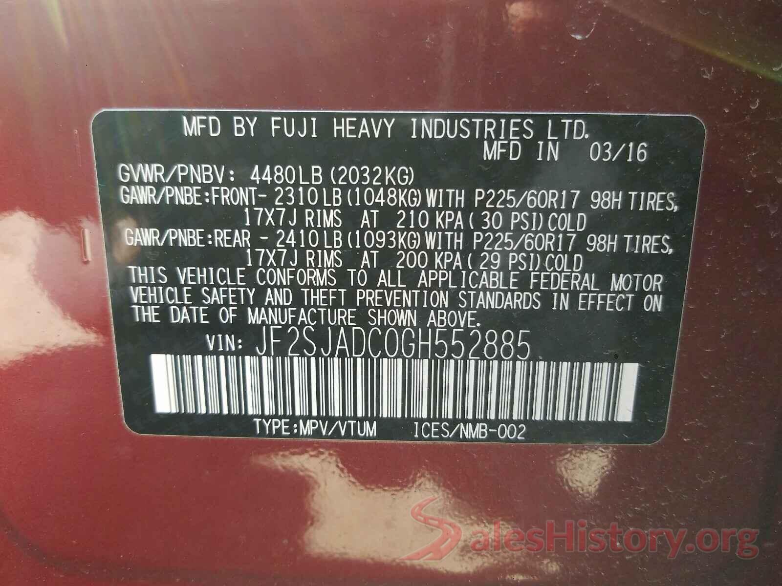 JF2SJADC0GH552885 2016 SUBARU FORESTER