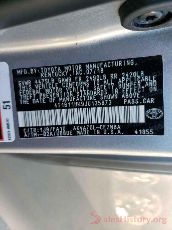 4T1B11HK9JU135873 2018 TOYOTA CAMRY