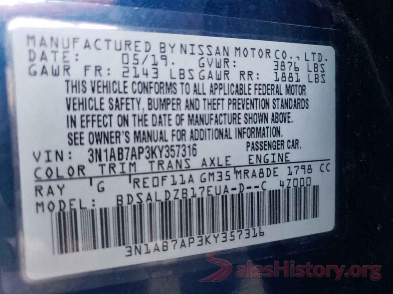 3N1AB7AP3KY357316 2019 NISSAN SENTRA