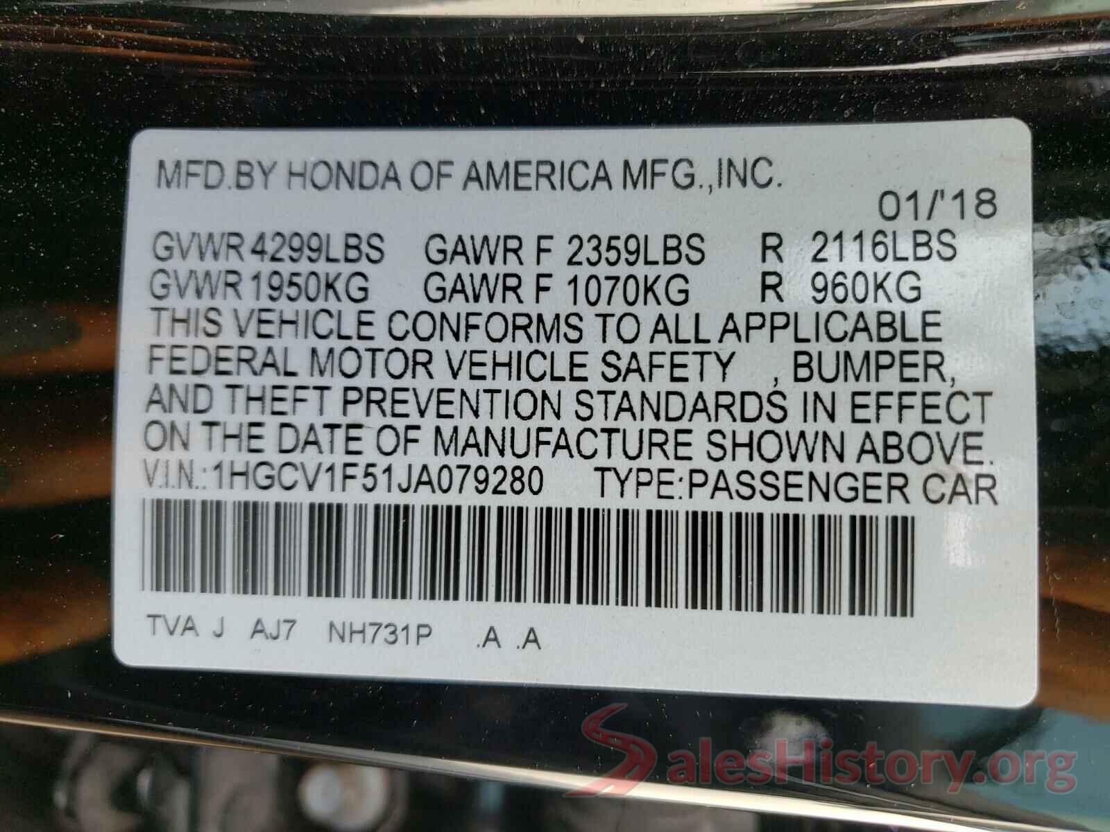 1HGCV1F51JA079280 2018 HONDA ACCORD