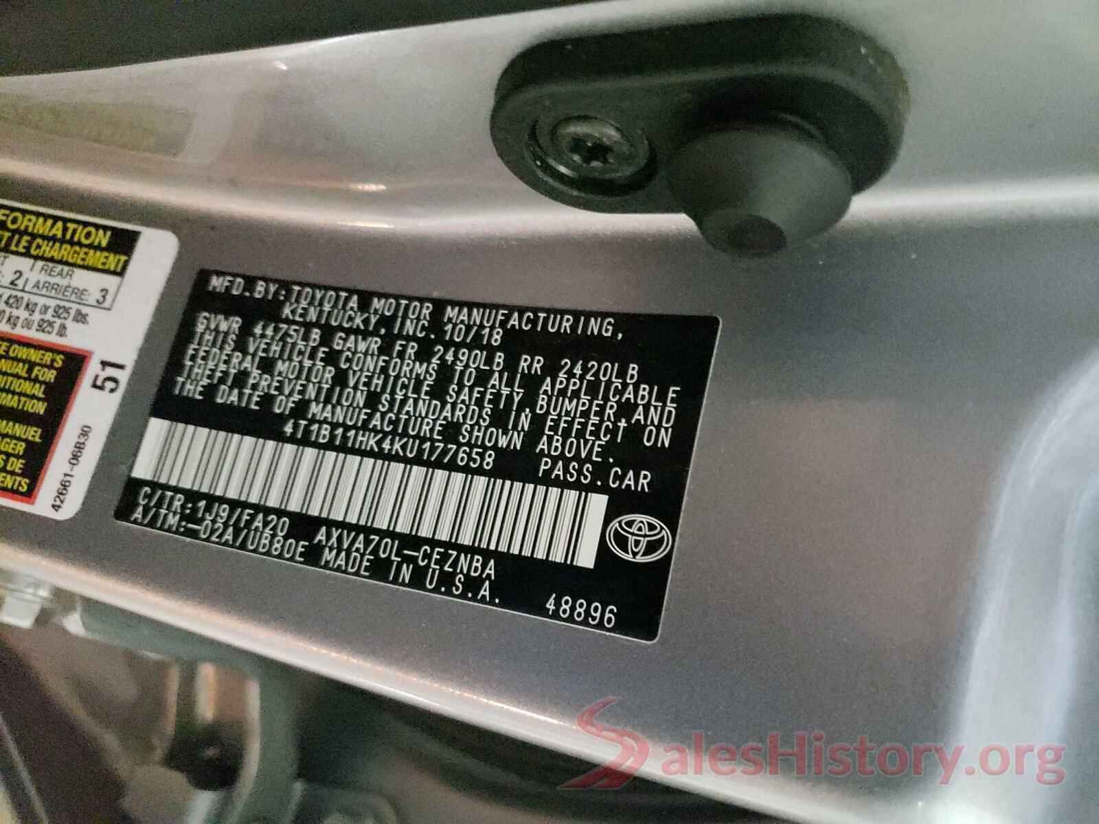 4T1B11HK4KU177658 2019 TOYOTA CAMRY