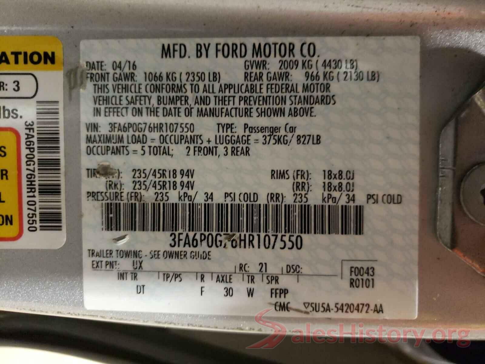 3FA6P0G76HR107550 2017 FORD FUSION