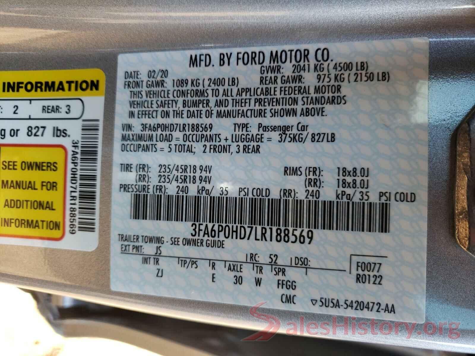 3FA6P0HD7LR188569 2020 FORD FUSION