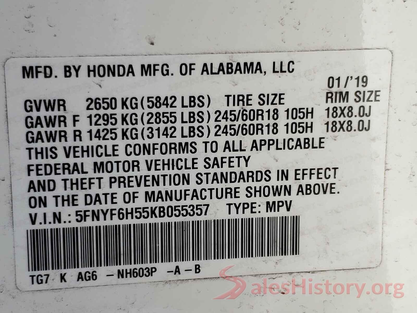 5FNYF6H55KB055357 2019 HONDA PILOT