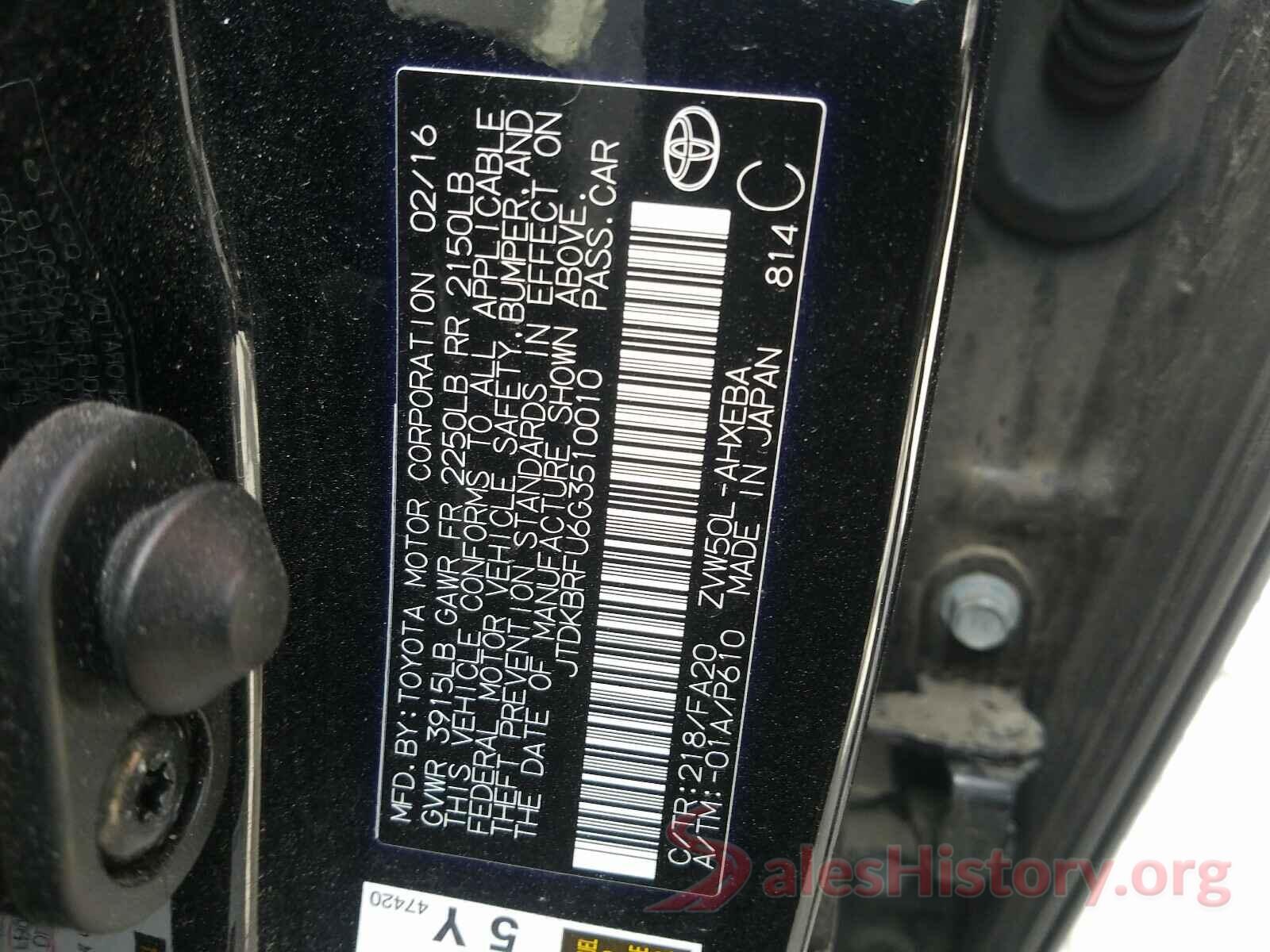 JTDKBRFU6G3510010 2016 TOYOTA PRIUS