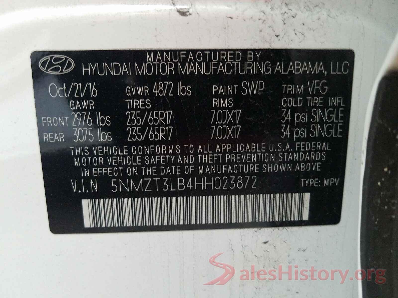 5NMZT3LB4HH023872 2017 HYUNDAI SANTA FE