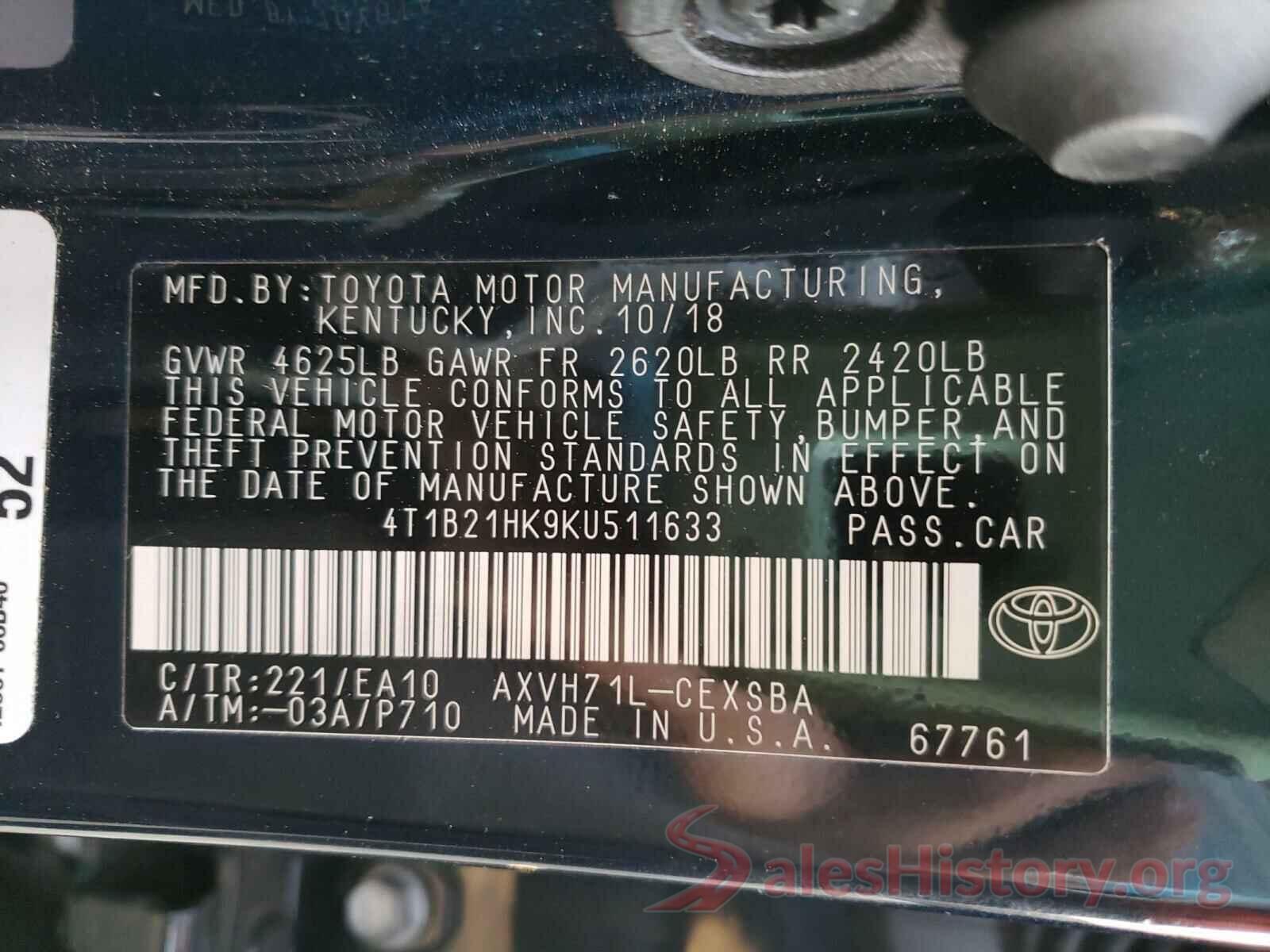 4T1B21HK9KU511633 2019 TOYOTA CAMRY