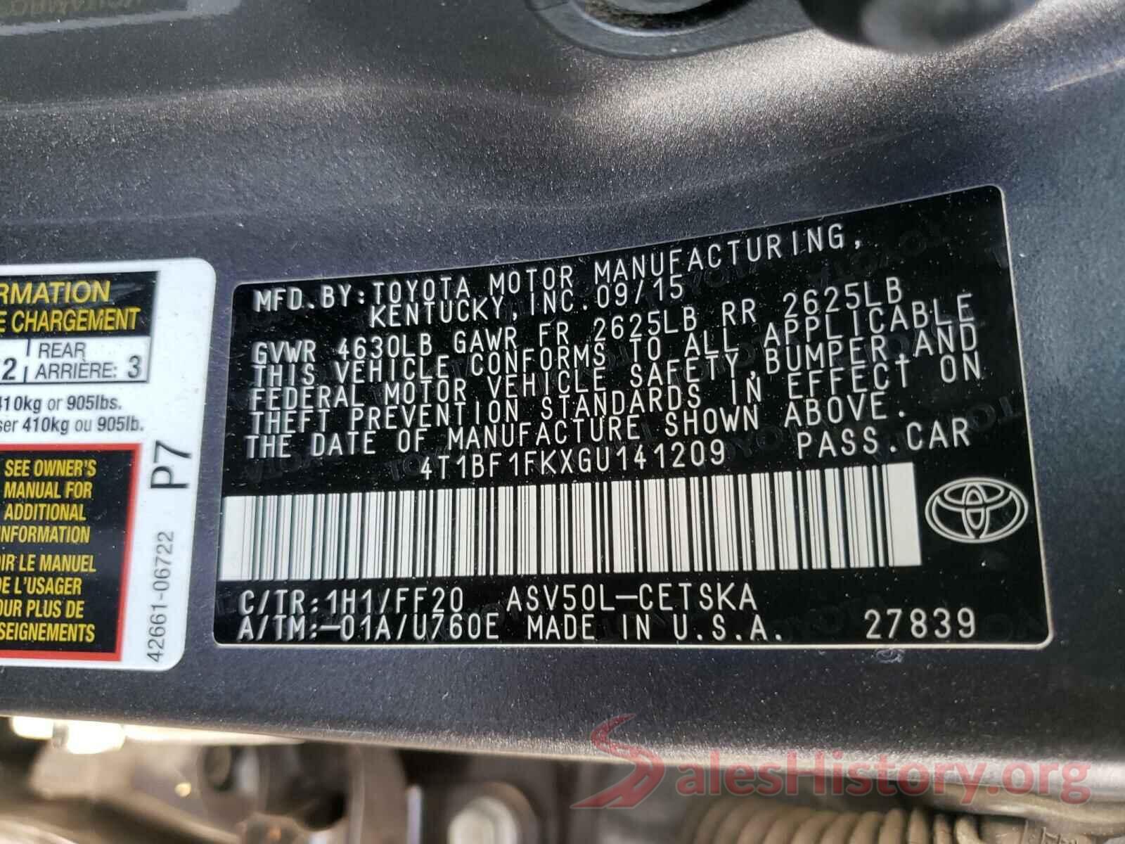 4T1BF1FKXGU141209 2016 TOYOTA CAMRY