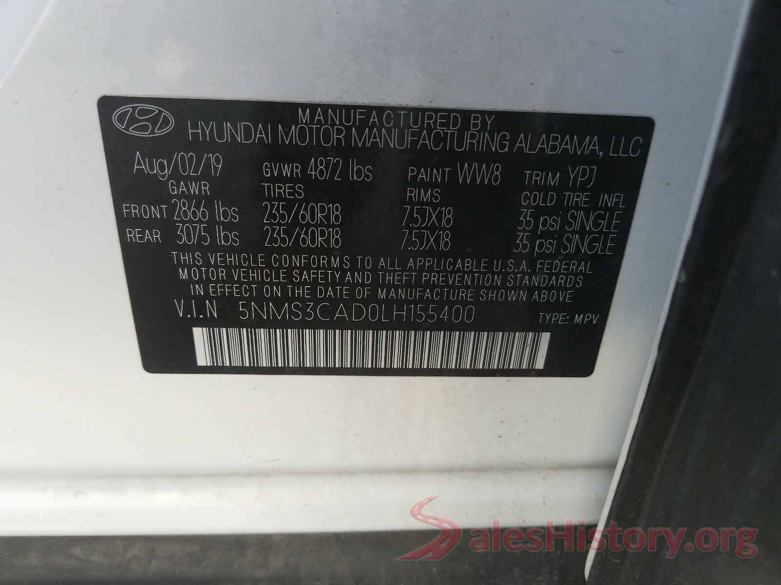 5NMS3CAD0LH155400 2020 HYUNDAI SANTA FE