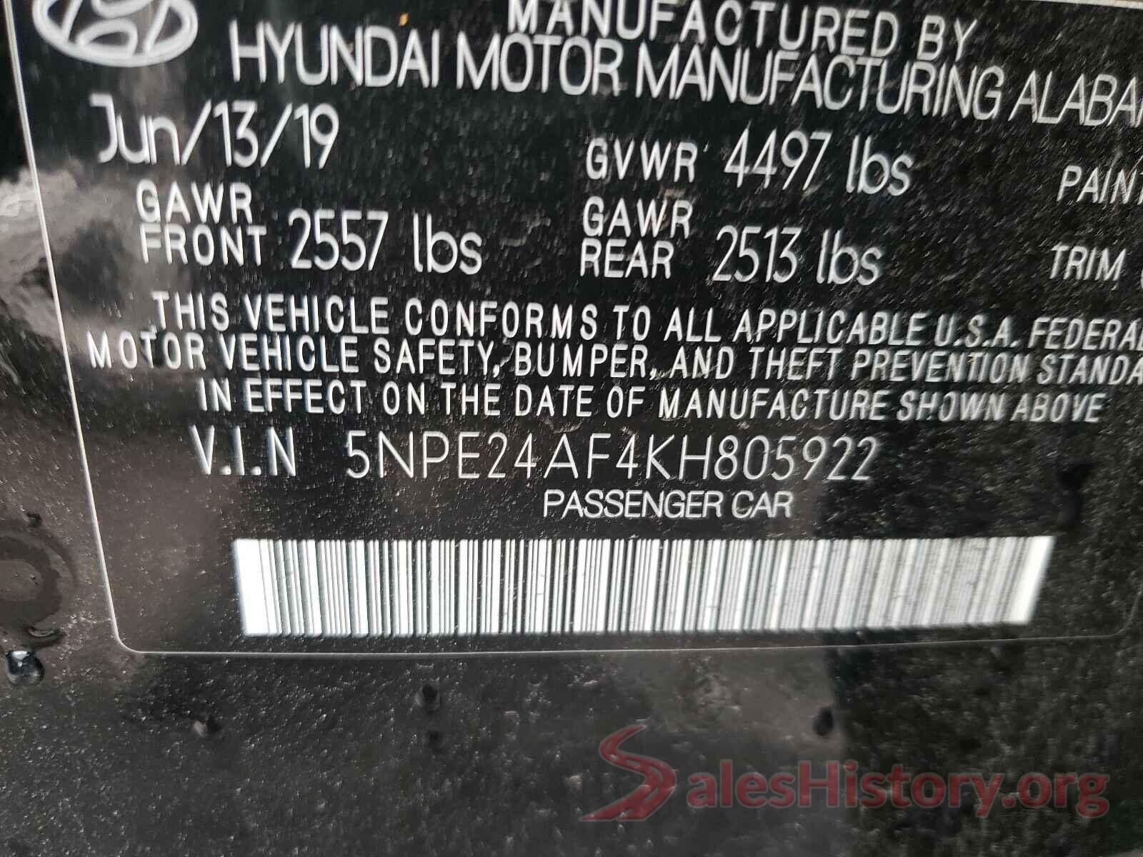 5NPE24AF4KH805922 2019 HYUNDAI SONATA