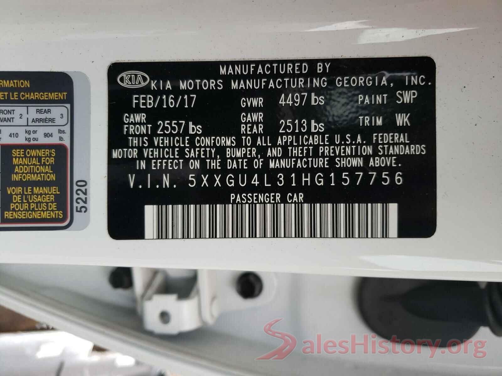 5XXGU4L31HG157756 2017 KIA OPTIMA