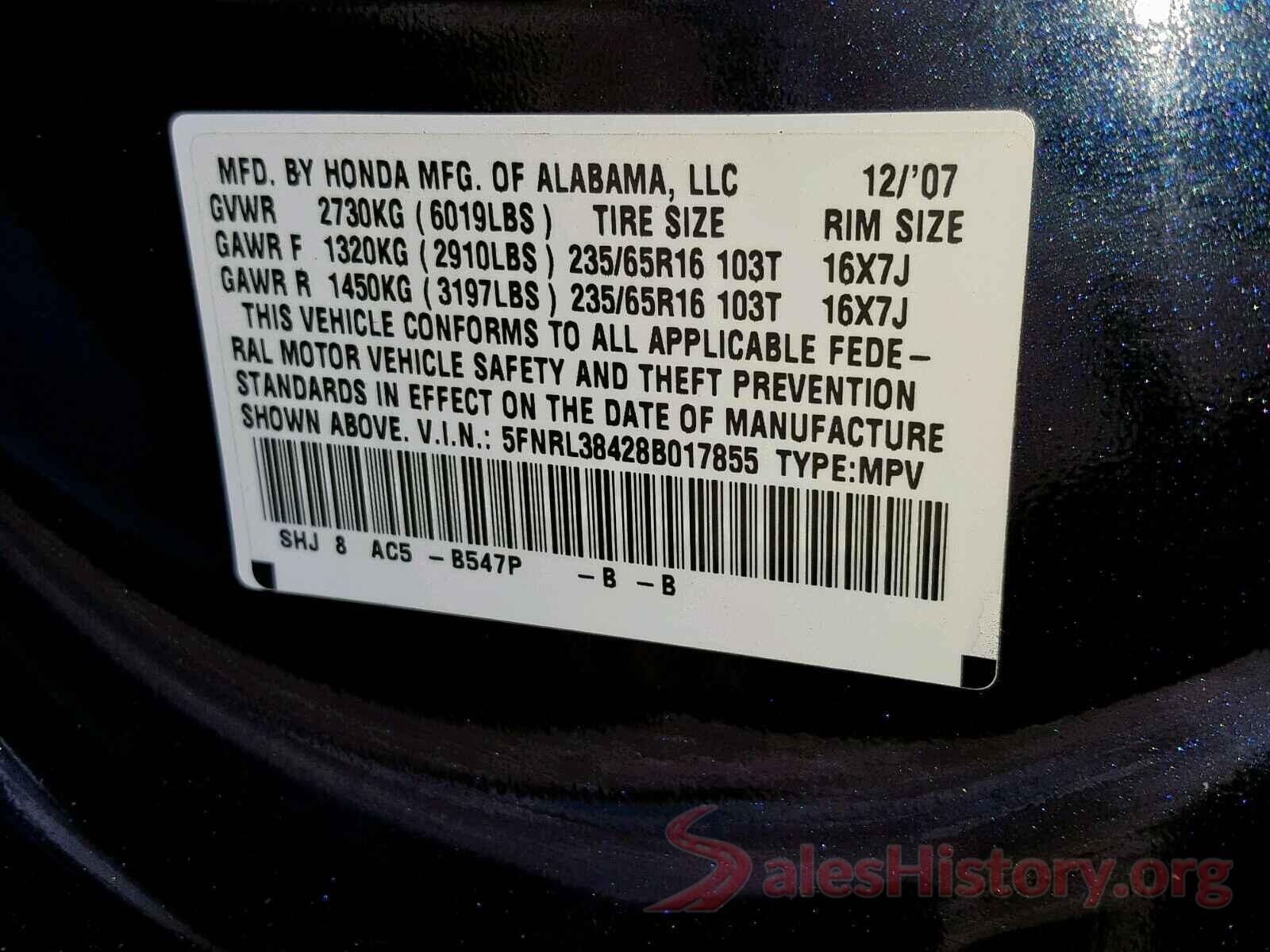 5FNRL38428B017855 2008 HONDA ODYSSEY EX