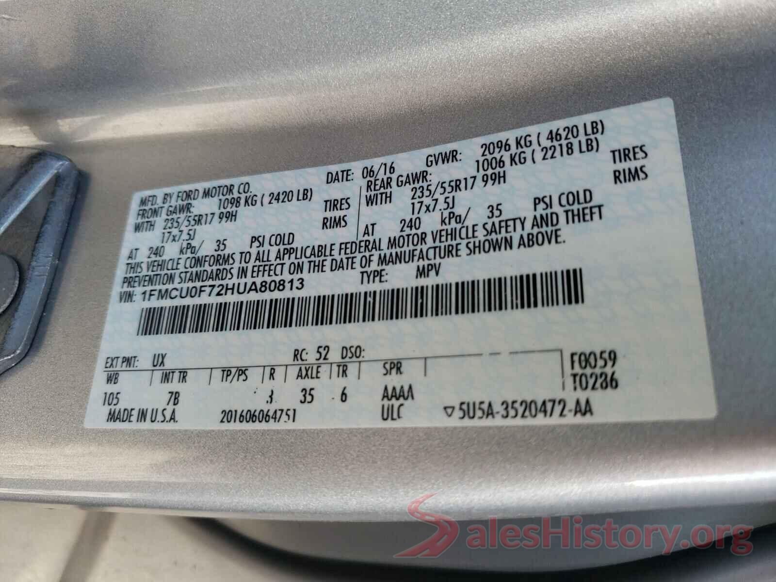 1FMCU0F72HUA80813 2017 FORD ESCAPE