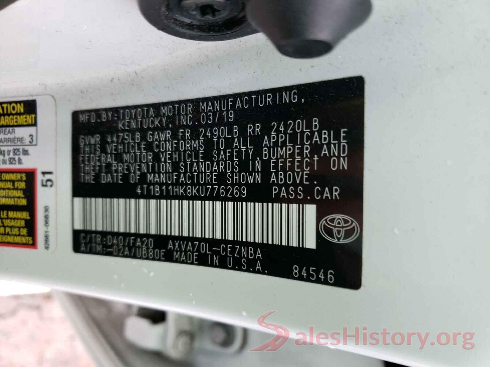 4T1B11HK8KU776269 2019 TOYOTA CAMRY