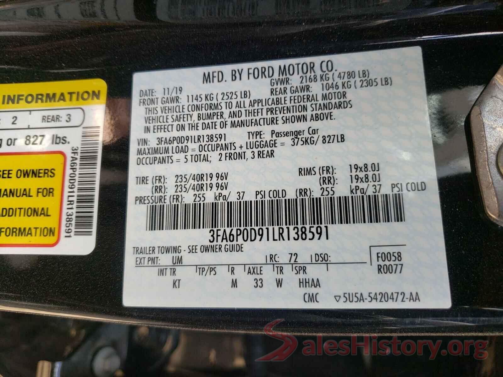 3FA6P0D91LR138591 2020 FORD FUSION