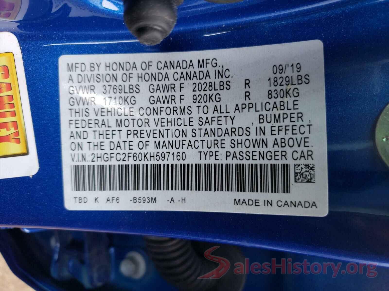 2HGFC2F60KH597160 2019 HONDA CIVIC