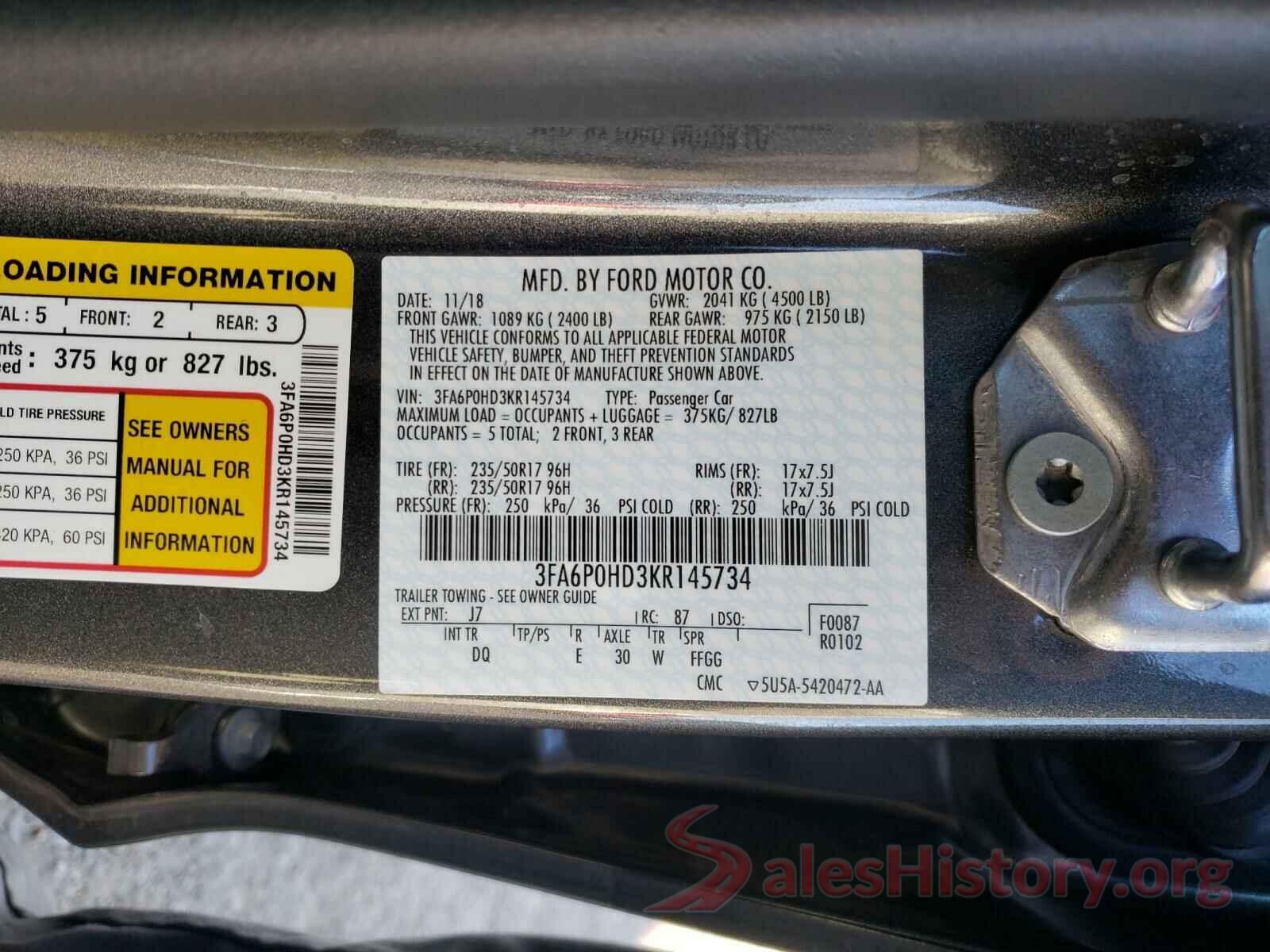 3FA6P0HD3KR145734 2019 FORD FUSION