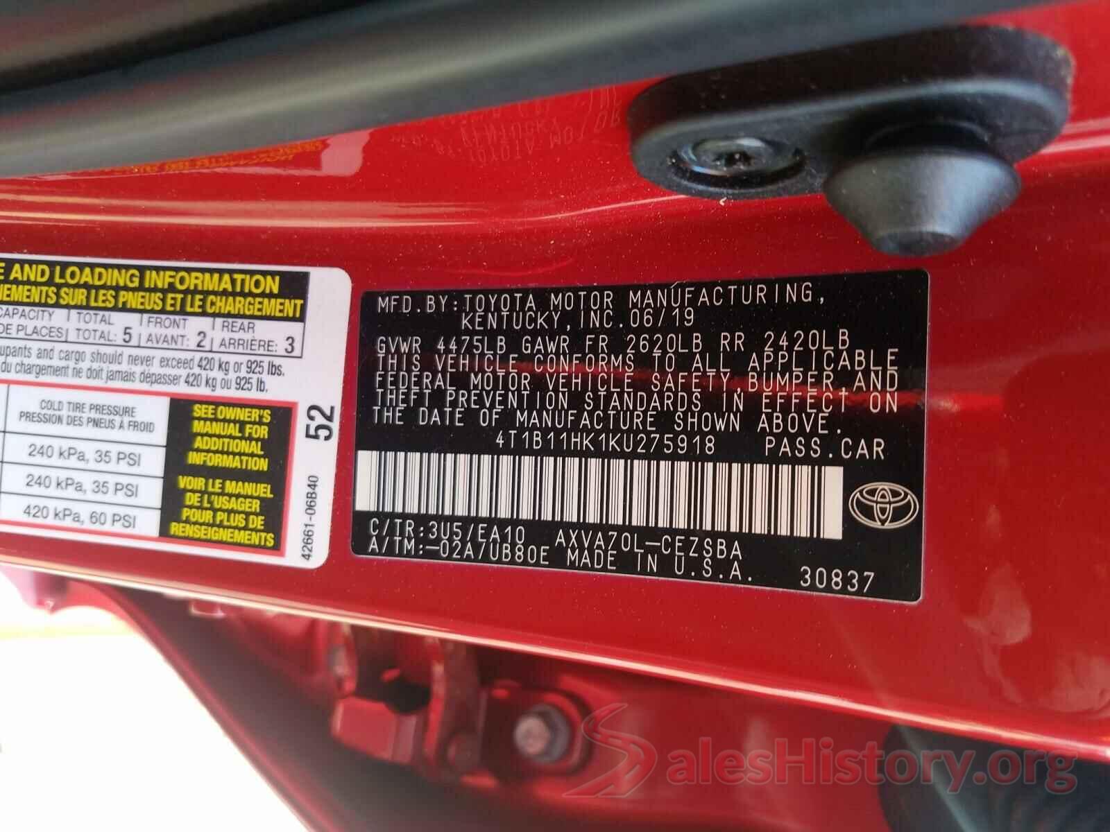 4T1B11HK1KU275918 2019 TOYOTA CAMRY