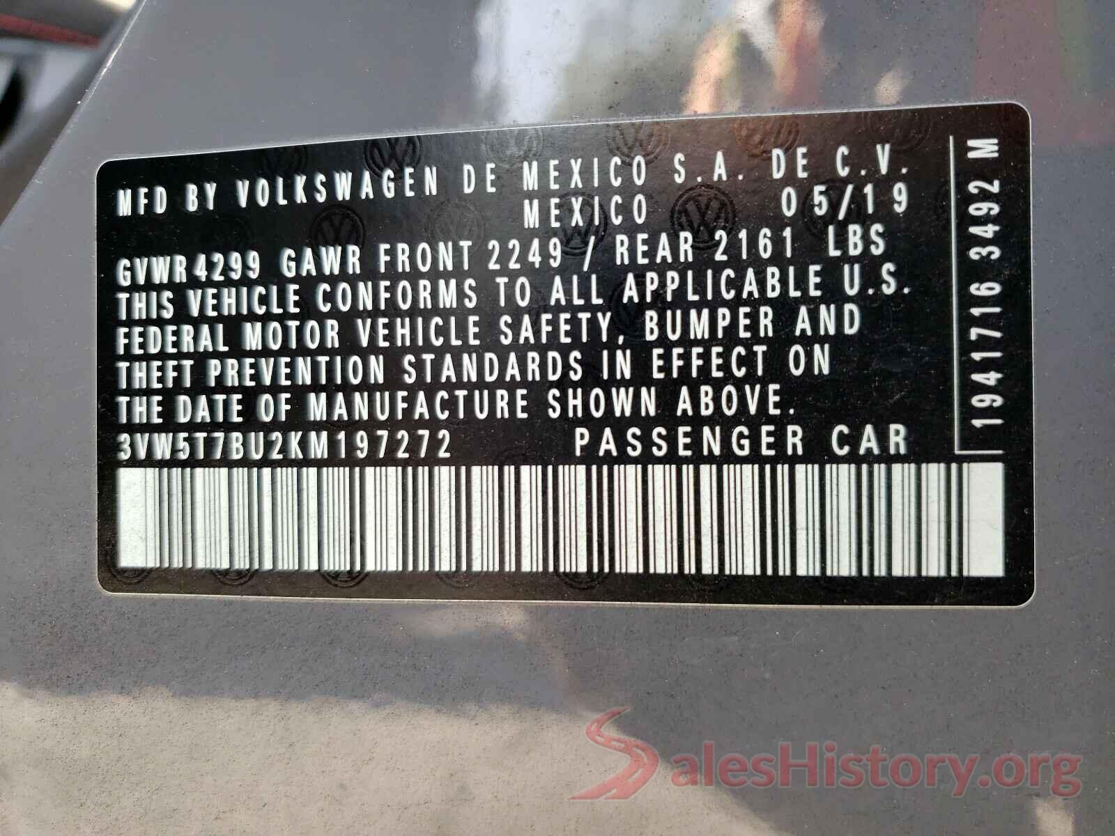 3VW5T7BU2KM197272 2019 VOLKSWAGEN JETTA