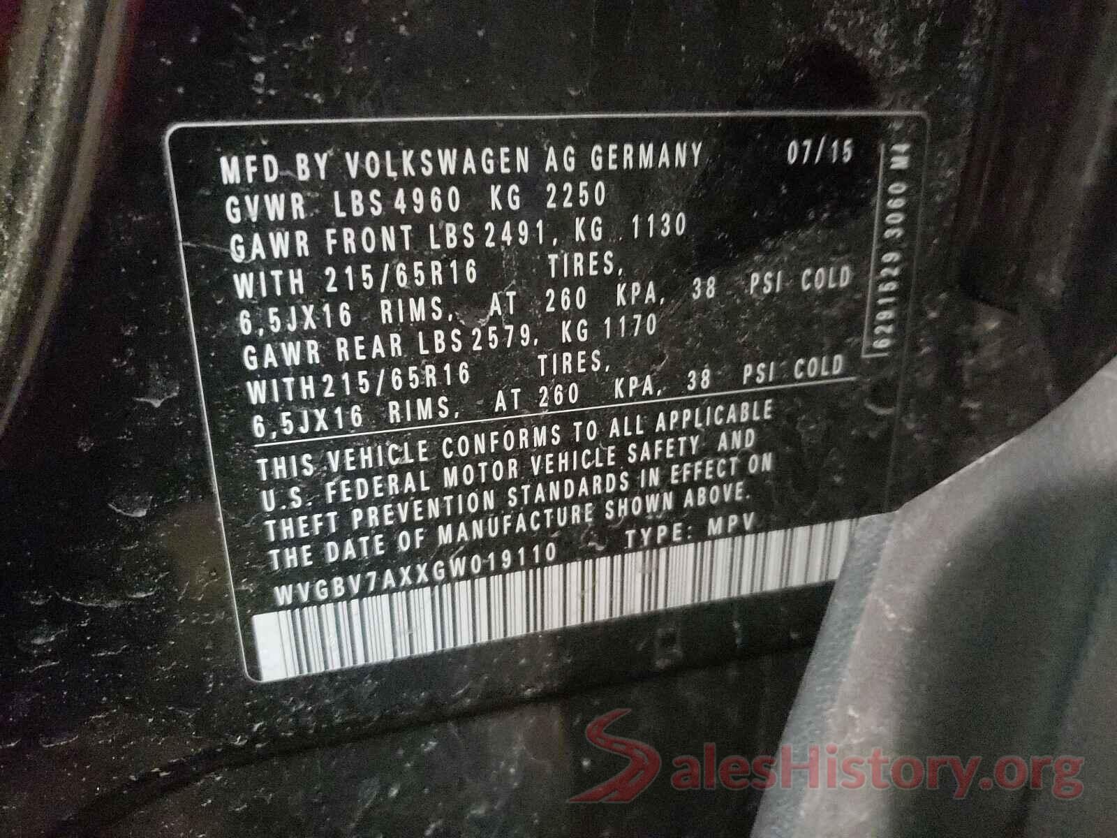 WVGBV7AXXGW019110 2016 VOLKSWAGEN TIGUAN