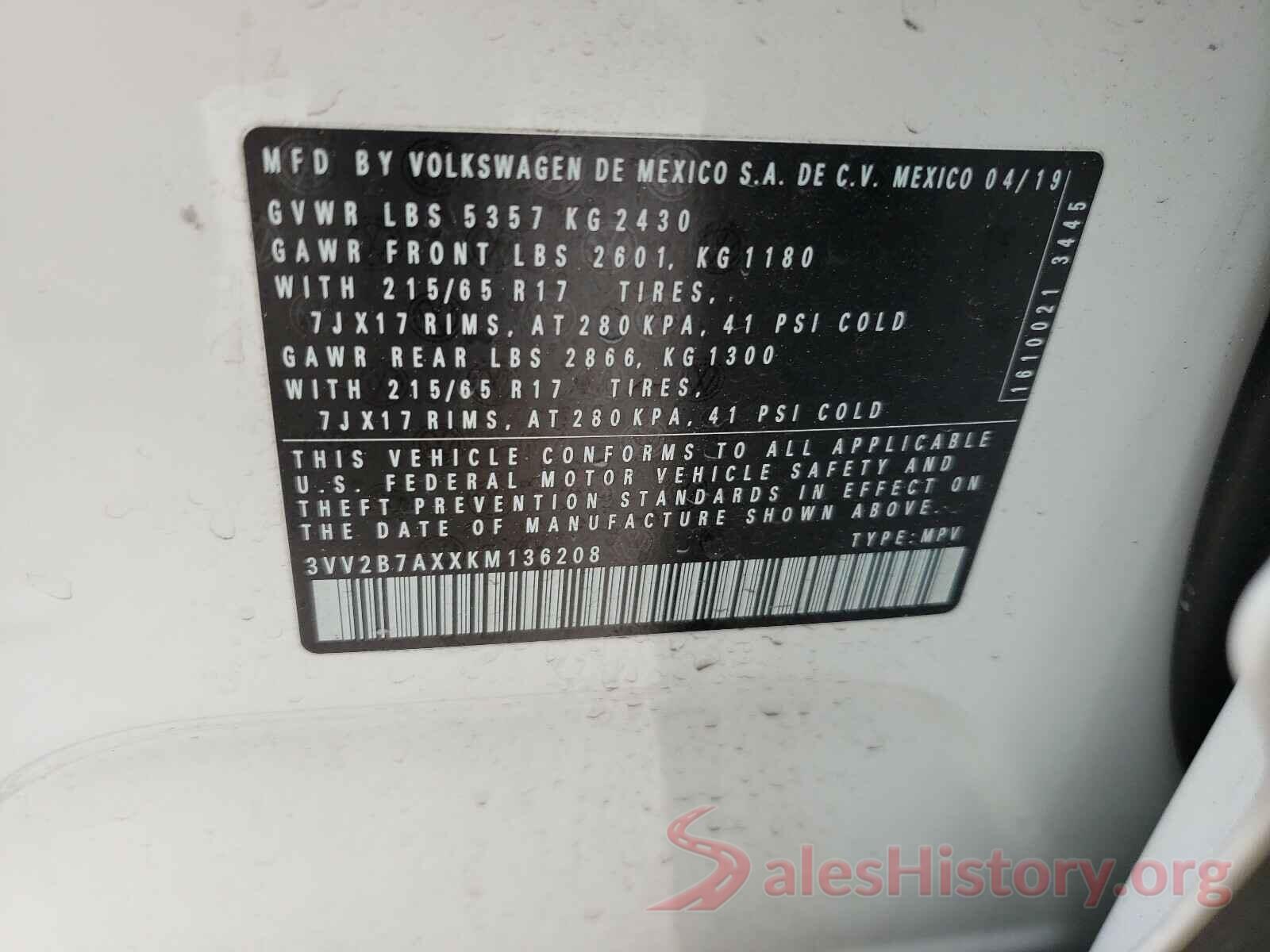 3VV2B7AXXKM136208 2019 VOLKSWAGEN TIGUAN