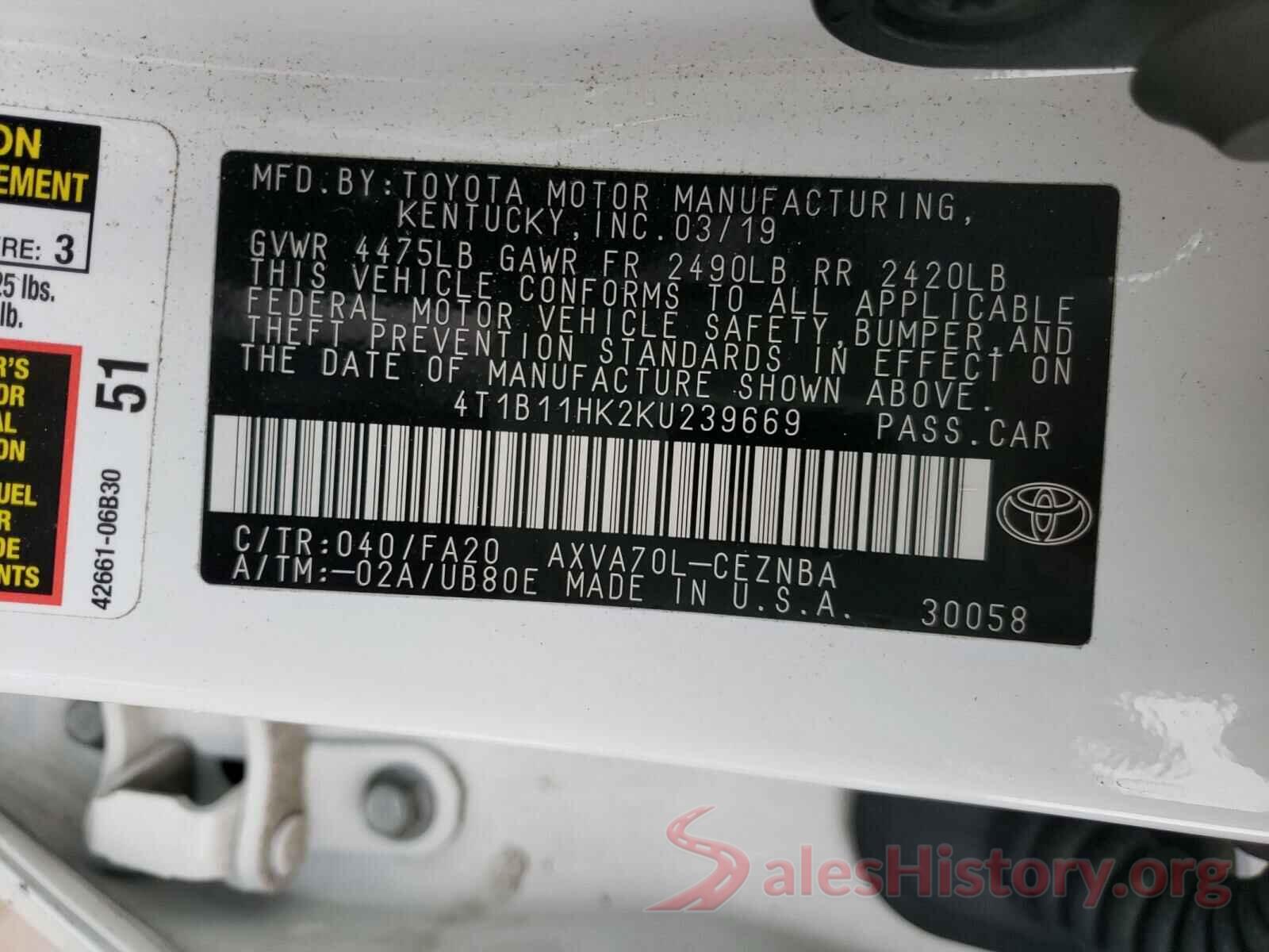 4T1B11HK2KU239669 2019 TOYOTA CAMRY