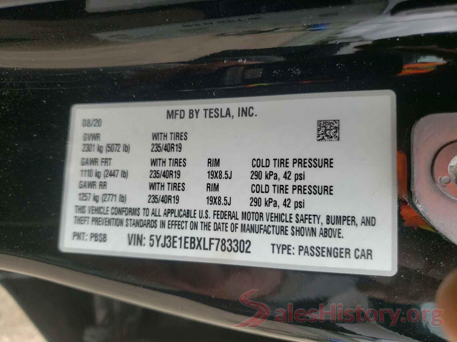 5YJ3E1EBXLF783302 2020 TESLA MODEL 3