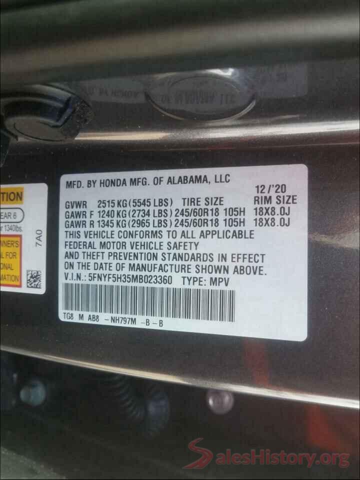 5FNYF5H35MB023360 2021 HONDA PILOT