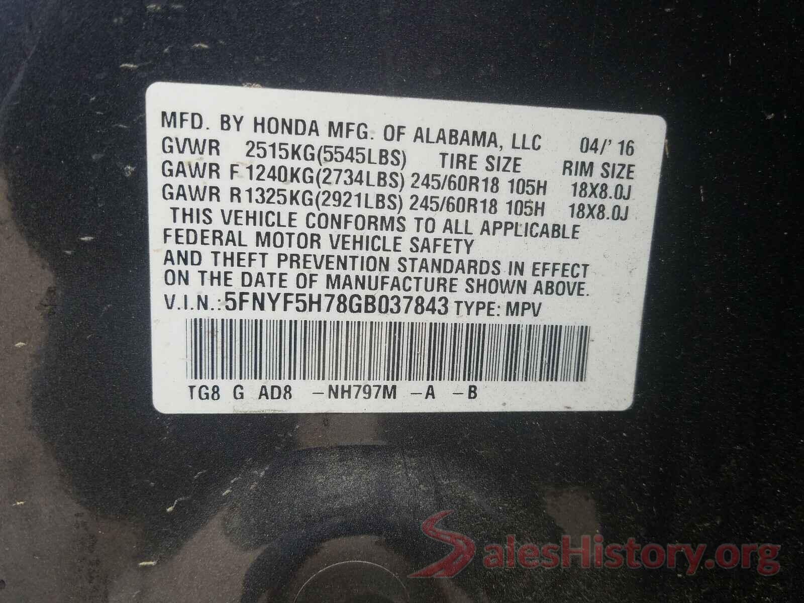 5FNYF5H78GB037843 2016 HONDA PILOT