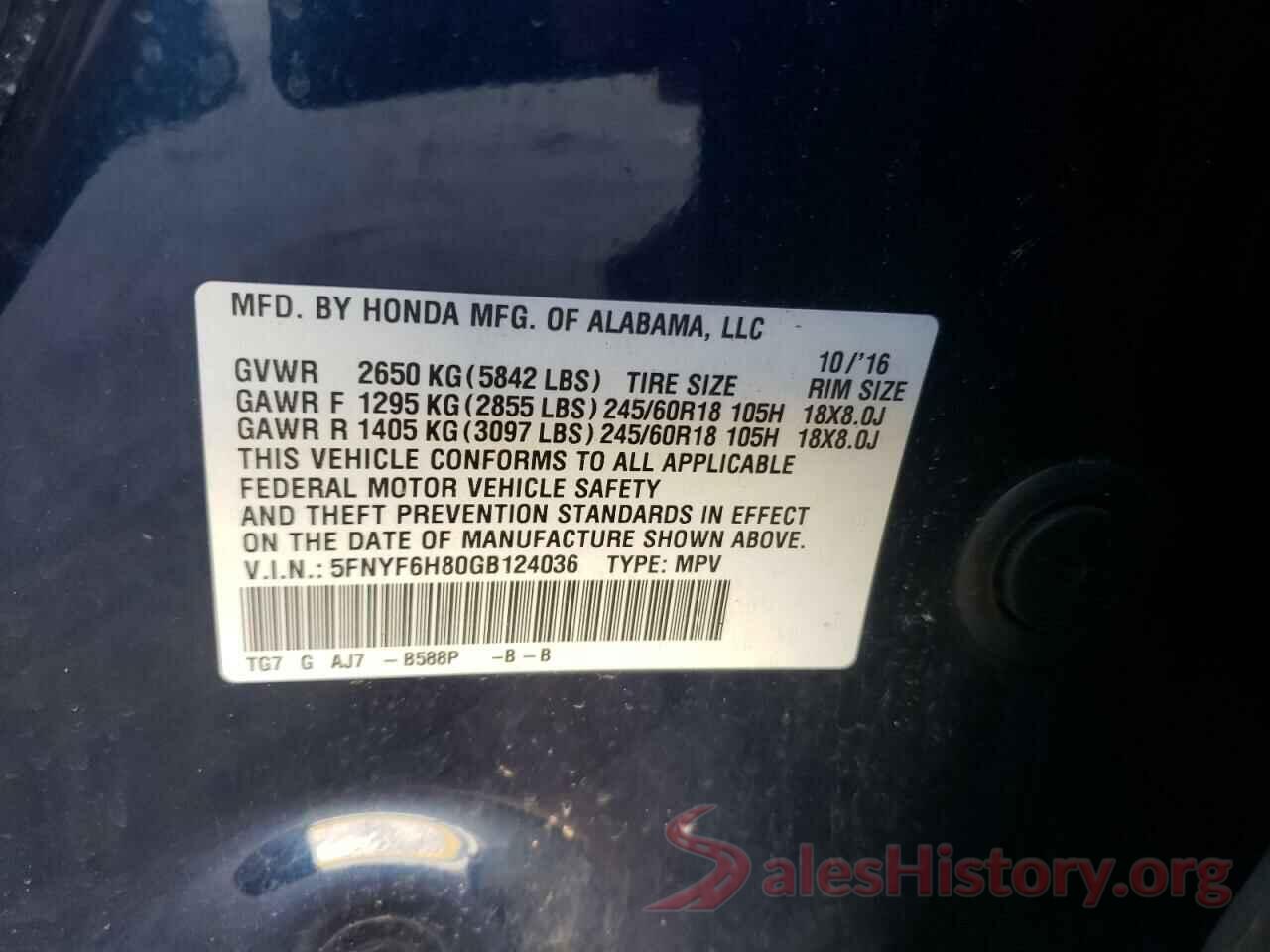 5FNYF6H80GB124036 2016 HONDA PILOT