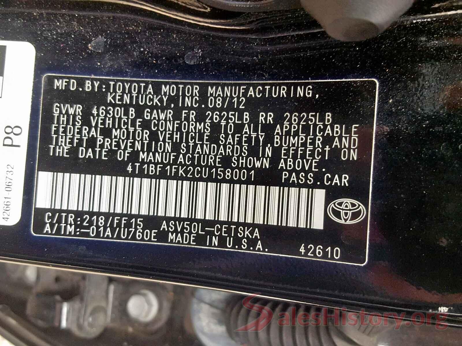 4T1BF1FK2CU158001 2012 TOYOTA CAMRY BASE