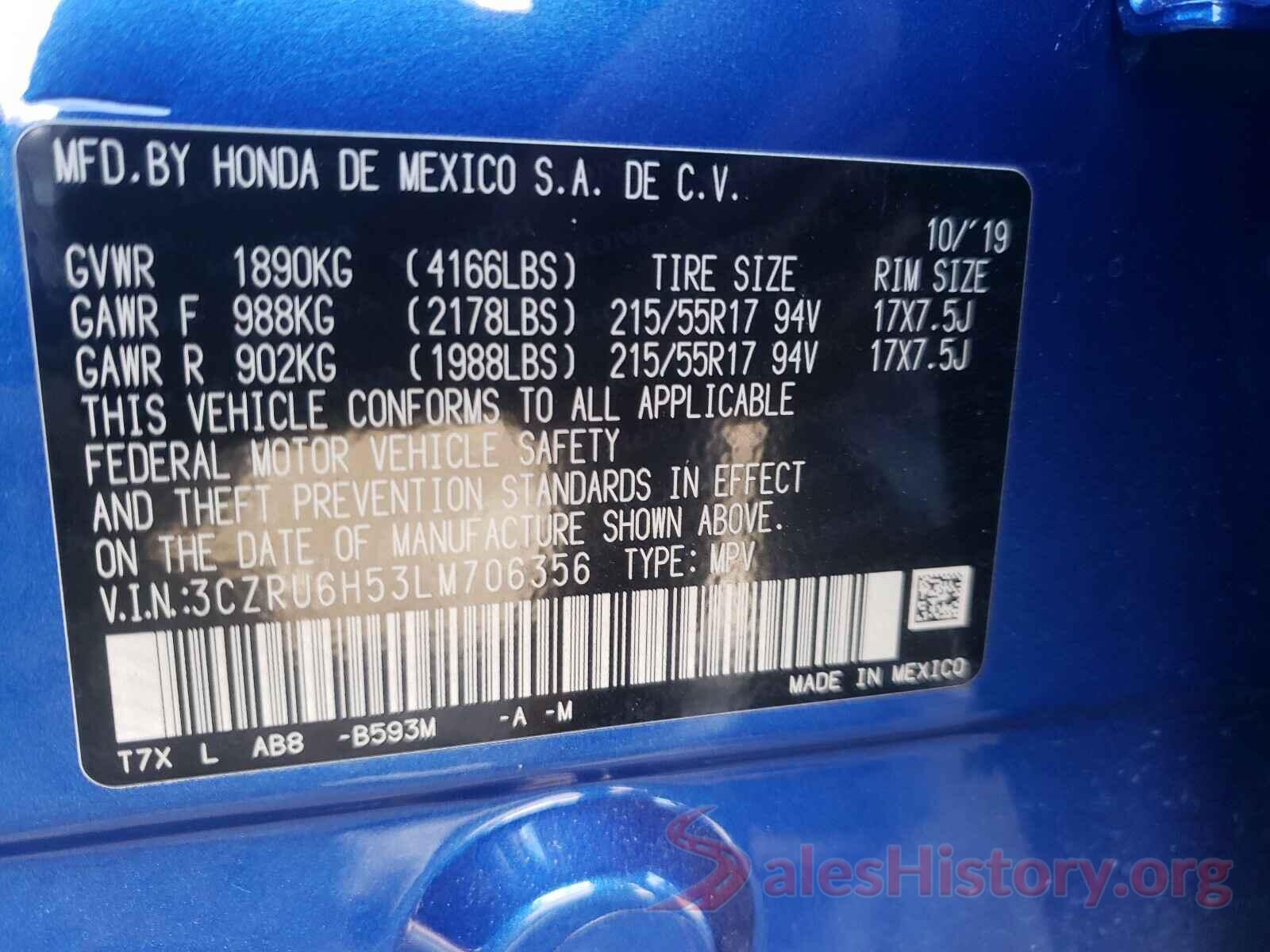 3CZRU6H53LM706356 2020 HONDA HR-V