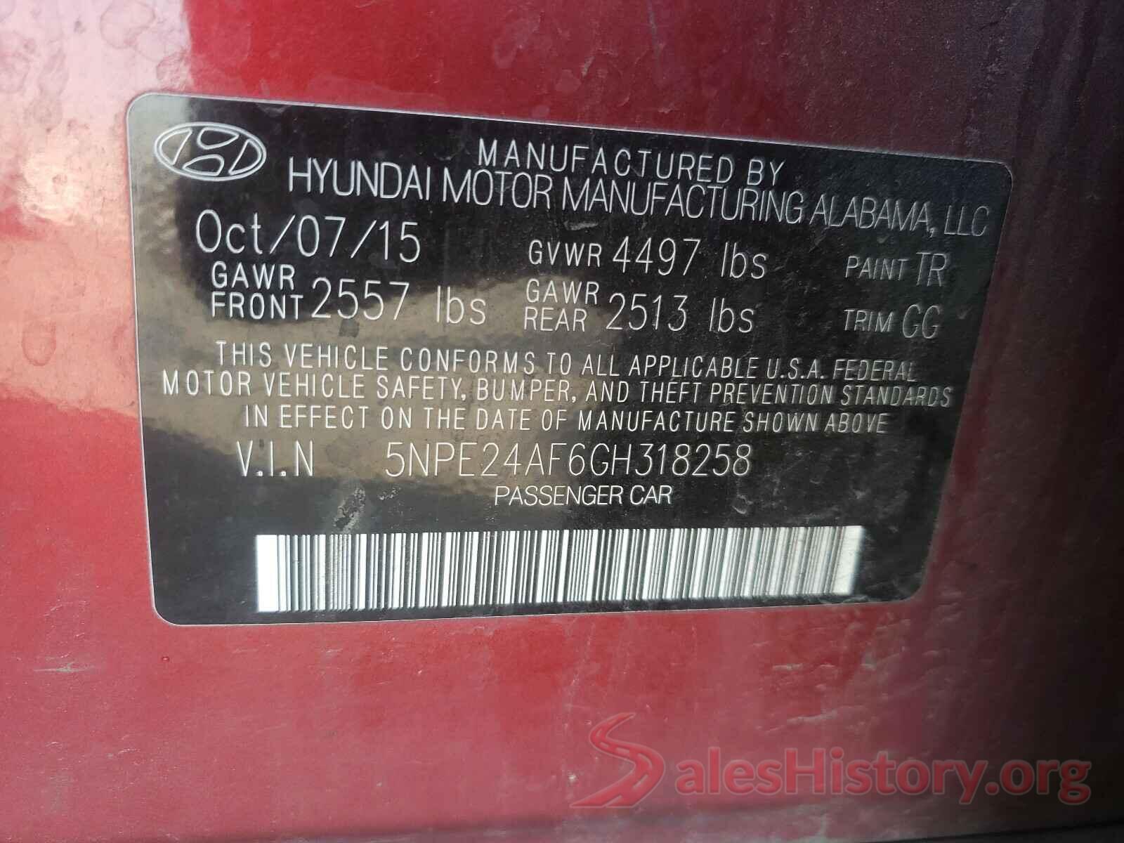 5NPE24AF6GH318258 2016 HYUNDAI SONATA