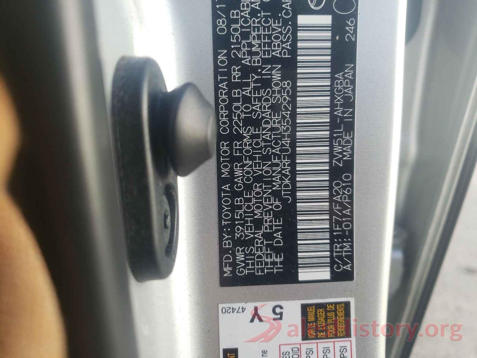 JTDKARFU4H3542958 2017 TOYOTA PRIUS