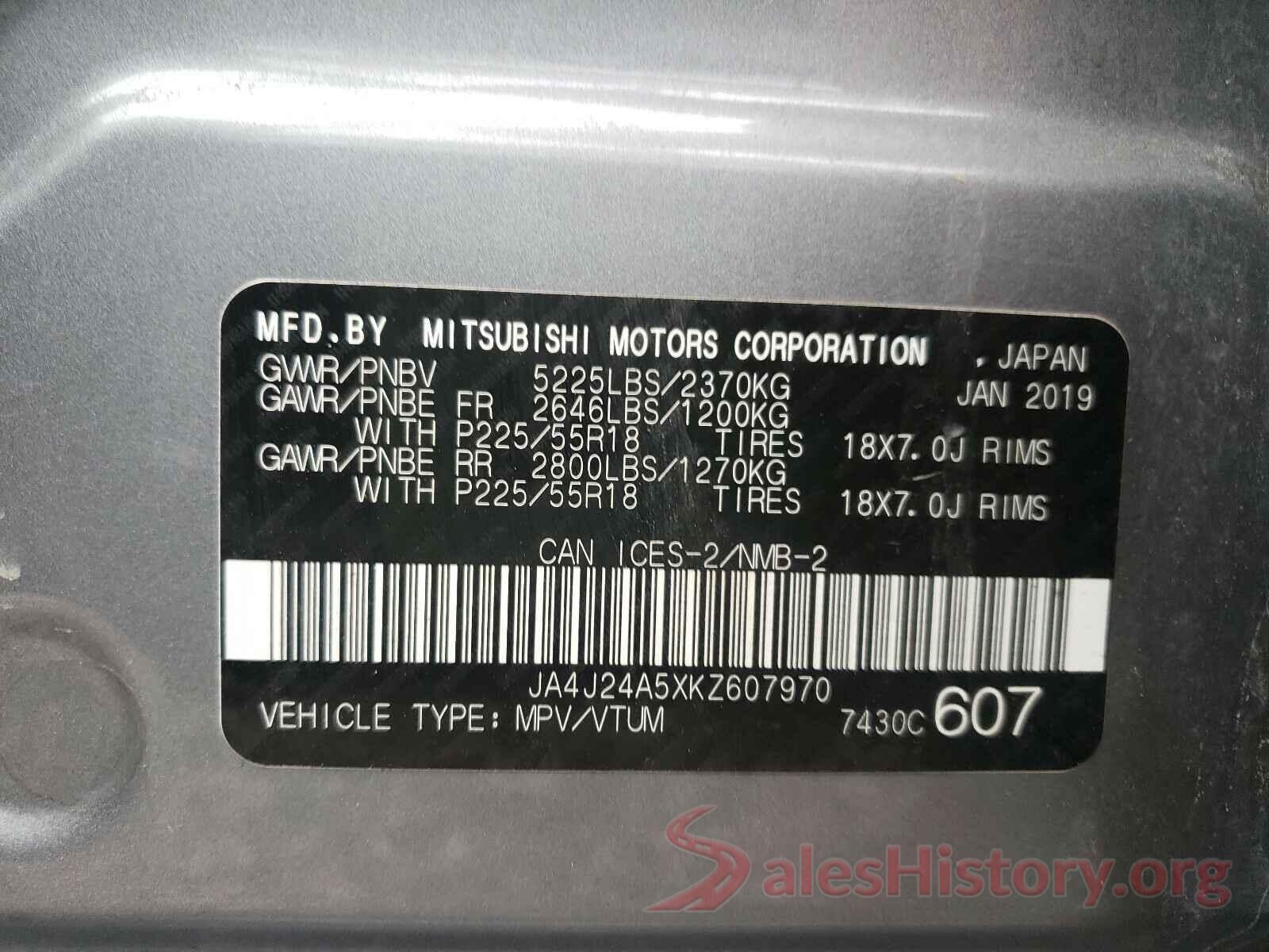 JA4J24A5XKZ607970 2019 MITSUBISHI OUTLANDER