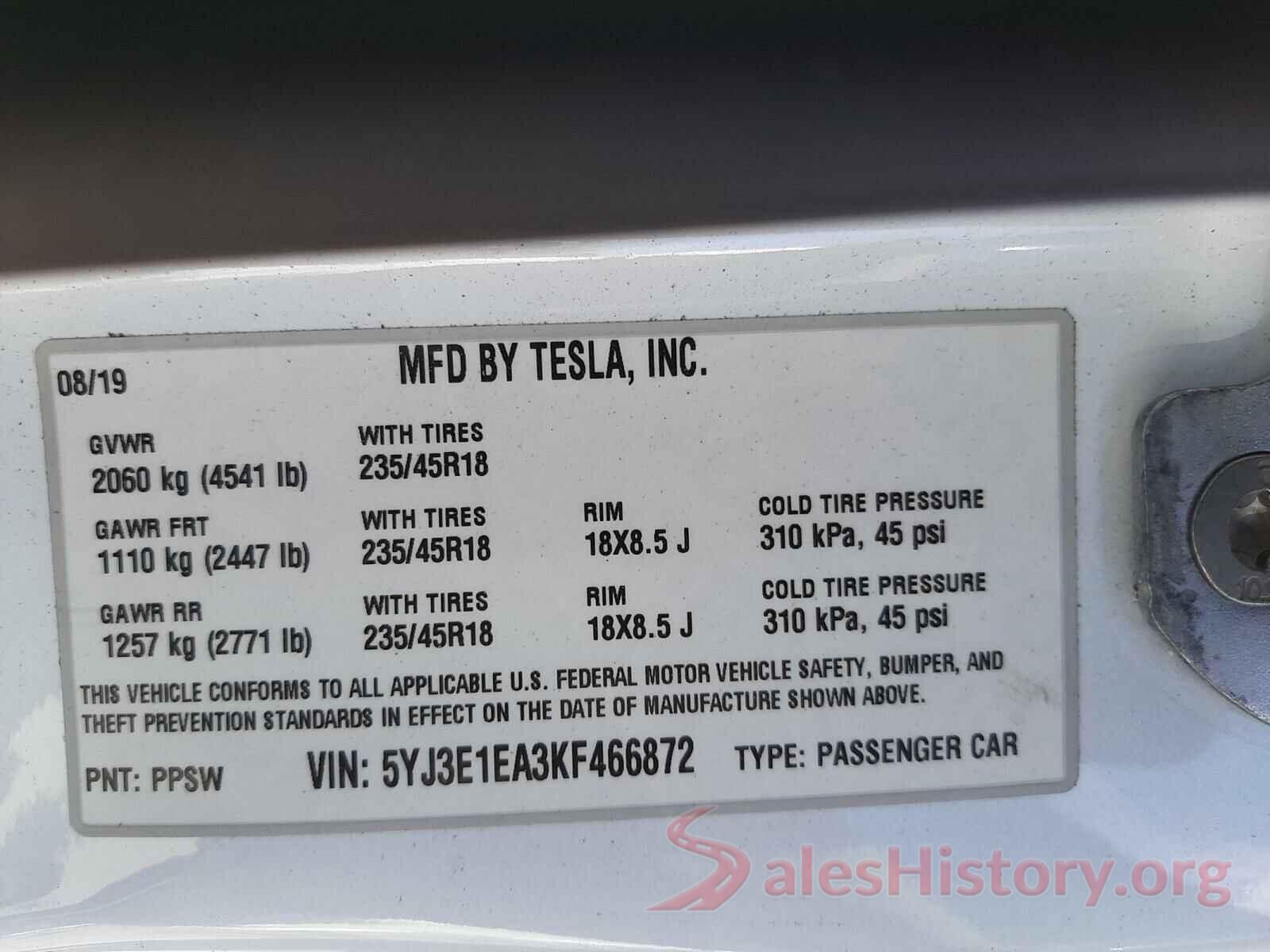 5YJ3E1EA3KF466872 2019 TESLA MODEL 3