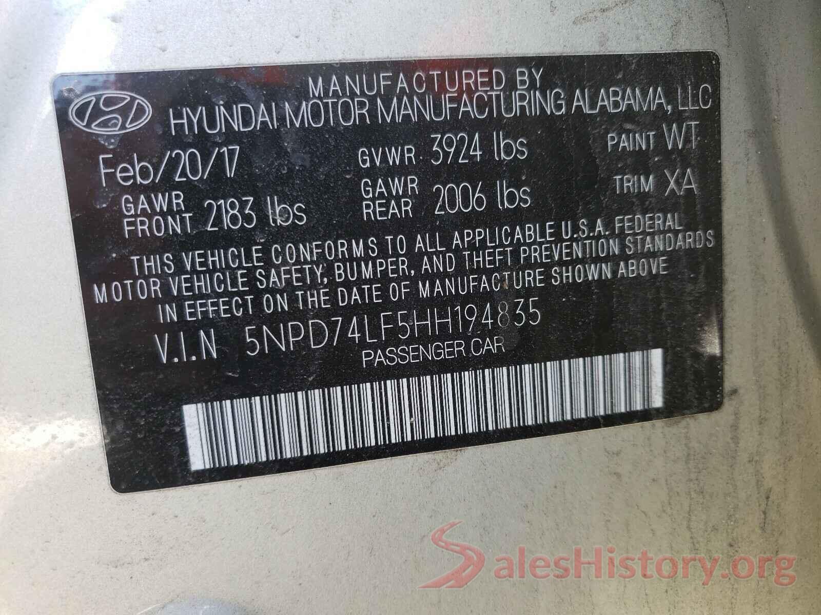 5NPD74LF5HH194835 2017 HYUNDAI ELANTRA