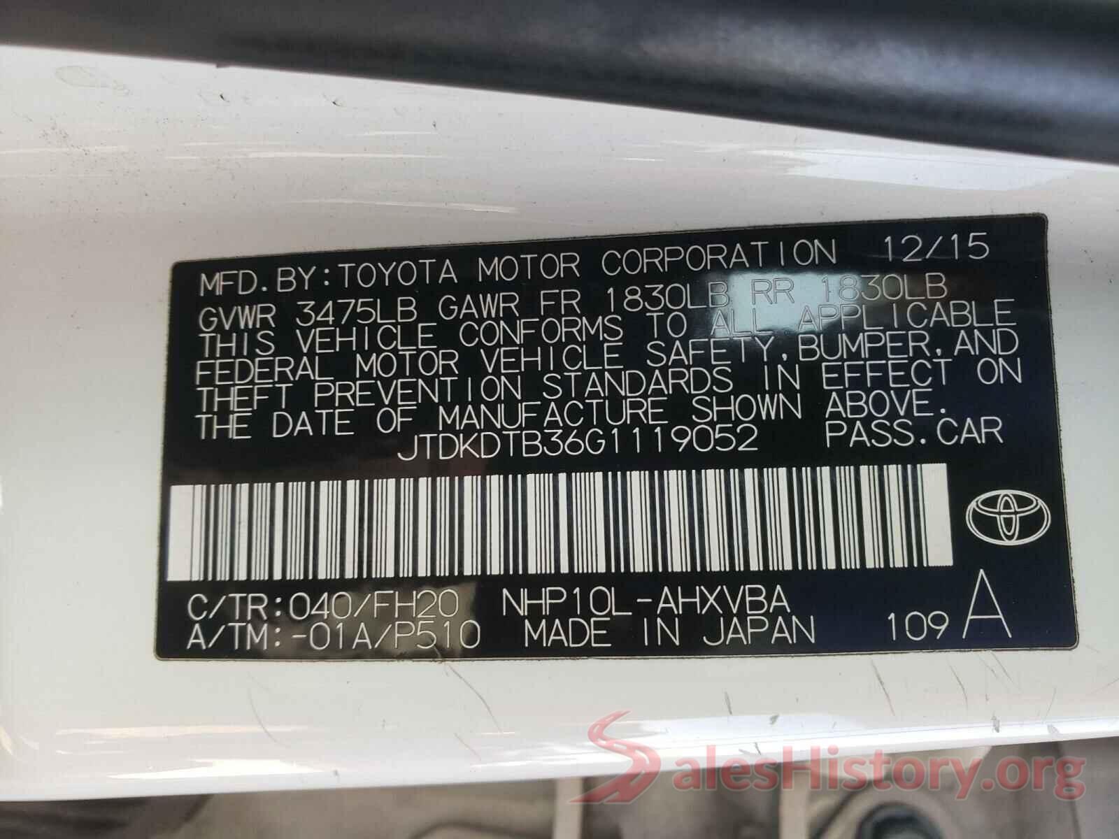 JTDKDTB36G1119052 2016 TOYOTA PRIUS