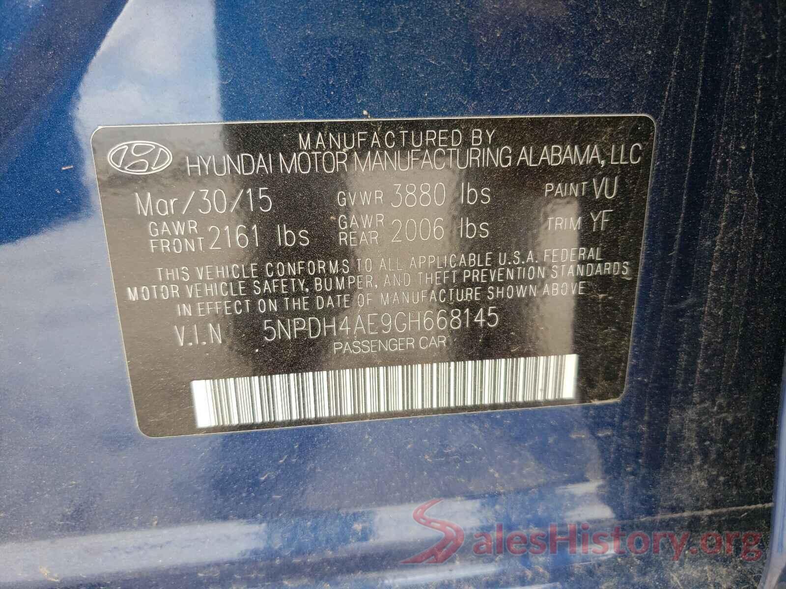 5NPDH4AE9GH668145 2016 HYUNDAI ELANTRA