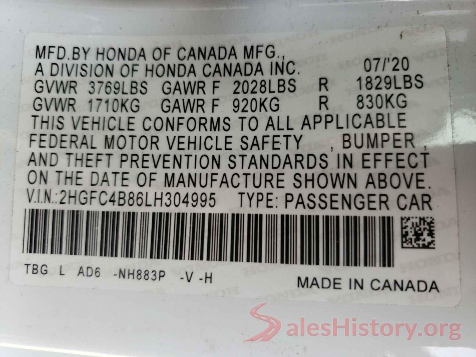 2HGFC4B86LH304995 2020 HONDA CIVIC