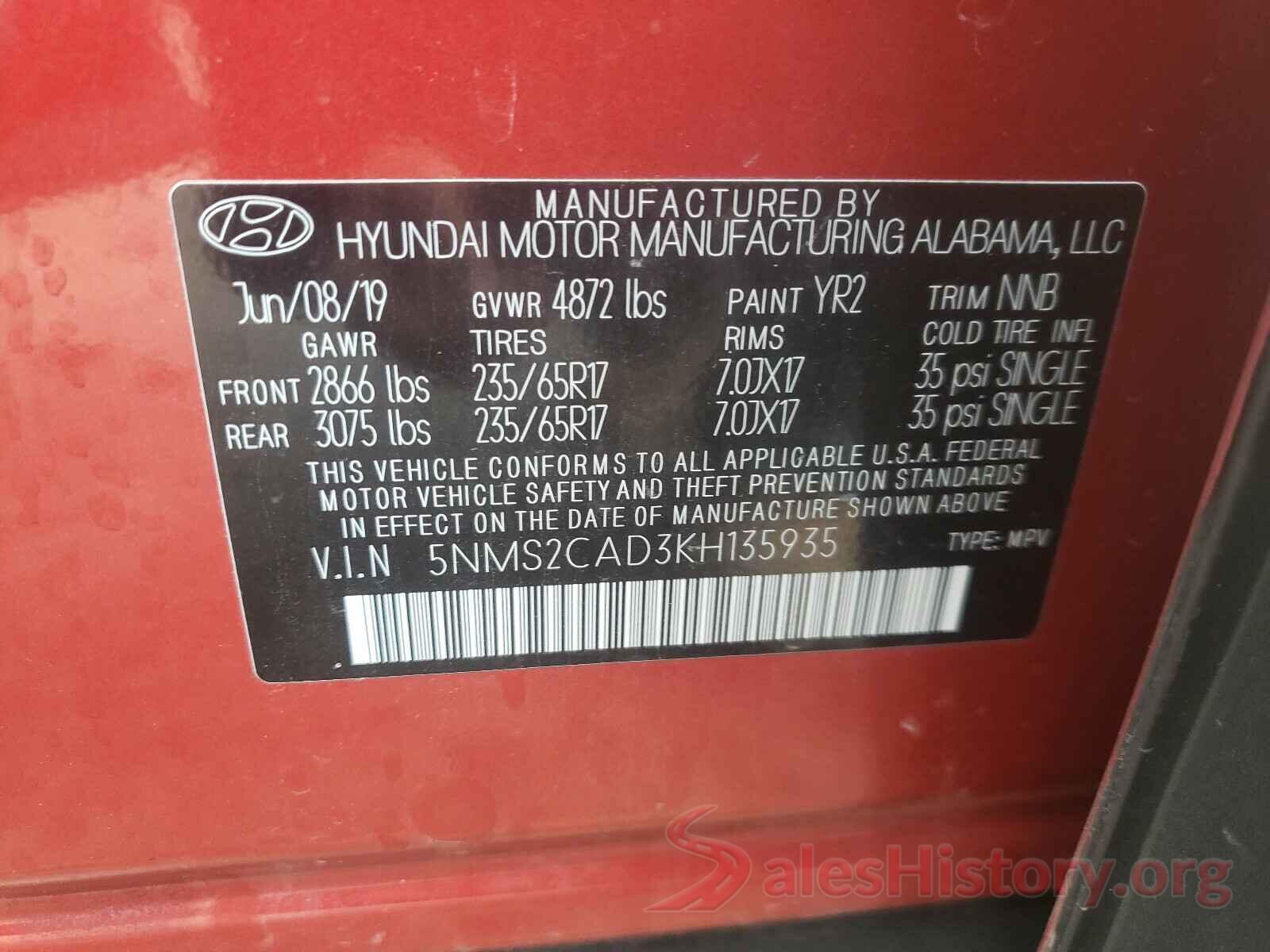 5NMS2CAD3KH135935 2019 HYUNDAI SANTA FE