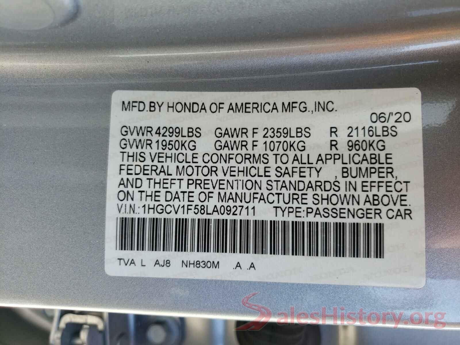 1HGCV1F58LA092711 2020 HONDA ACCORD