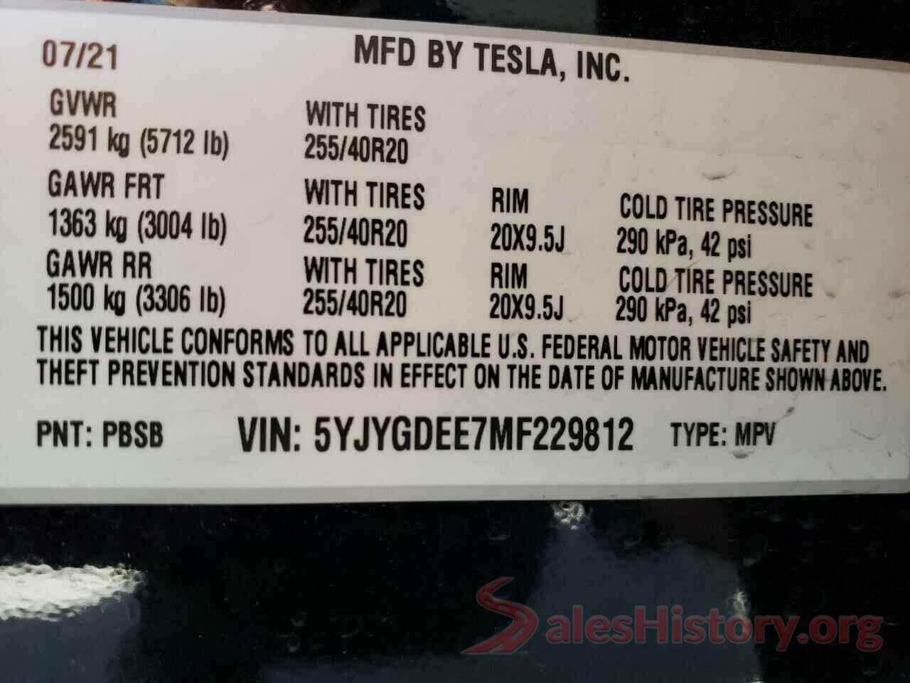 5YJYGDEE7MF229812 2021 TESLA MODEL Y