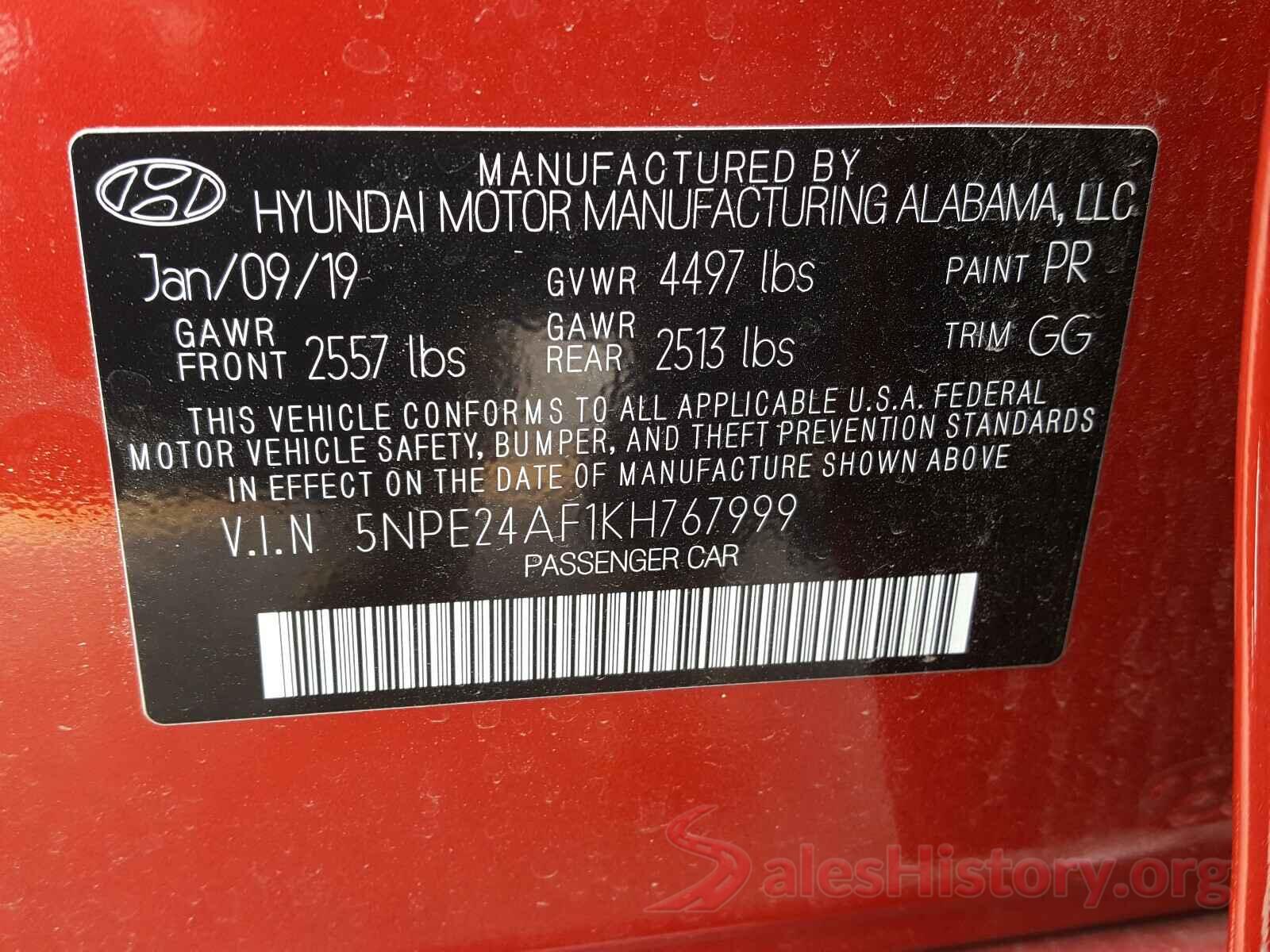 5NPE24AF1KH767999 2019 HYUNDAI SONATA