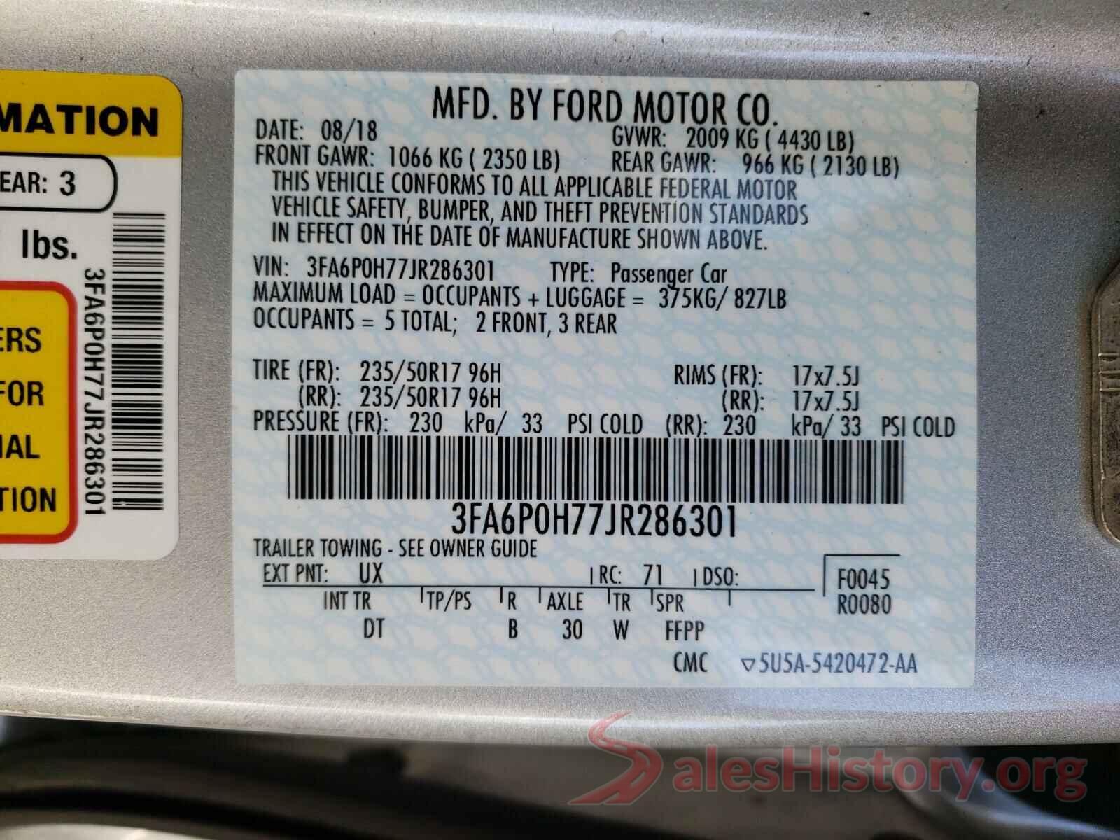 3FA6P0H77JR286301 2018 FORD FUSION