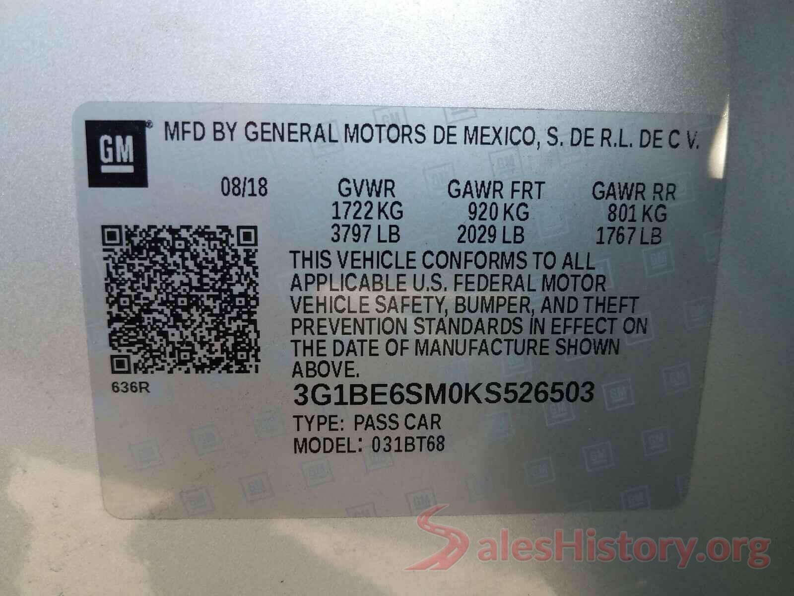 3G1BE6SM0KS526503 2019 CHEVROLET CRUZE