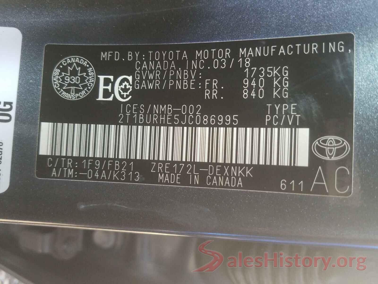 2T1BURHE5JC086995 2018 TOYOTA COROLLA