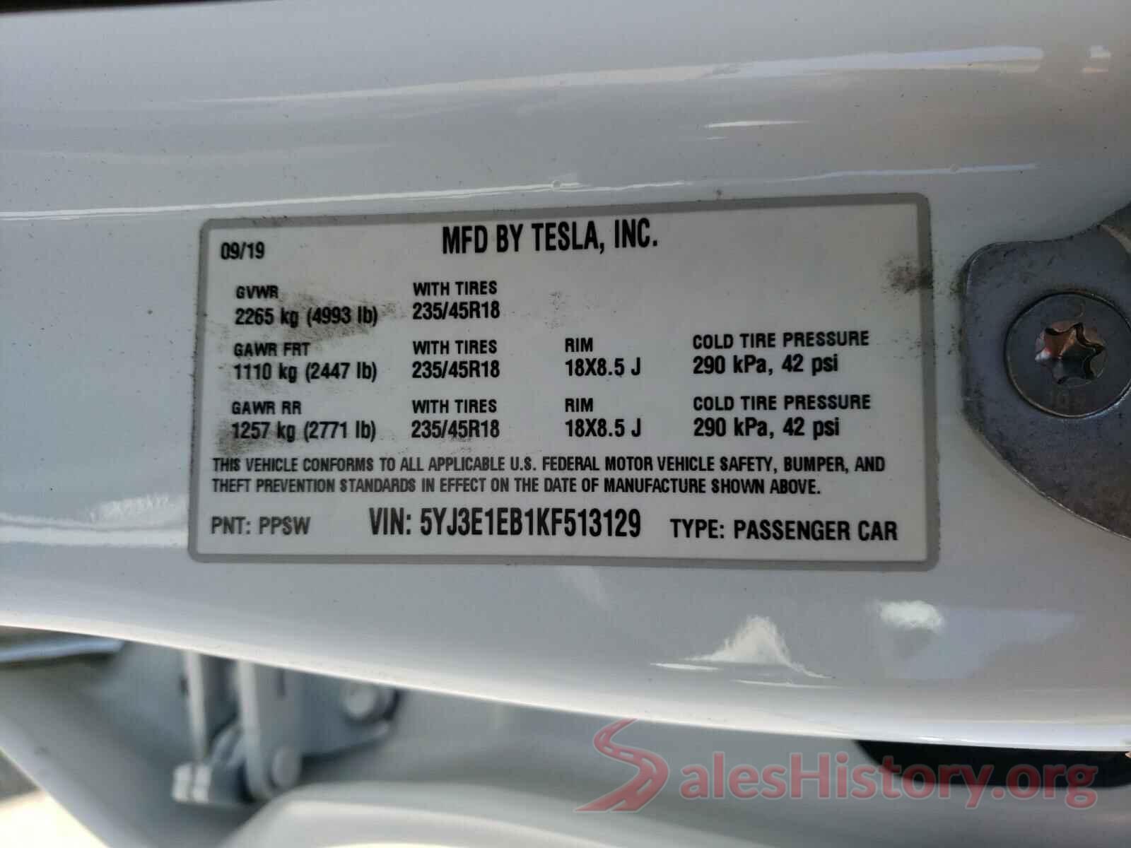 5YJ3E1EB1KF513129 2019 TESLA MODEL 3