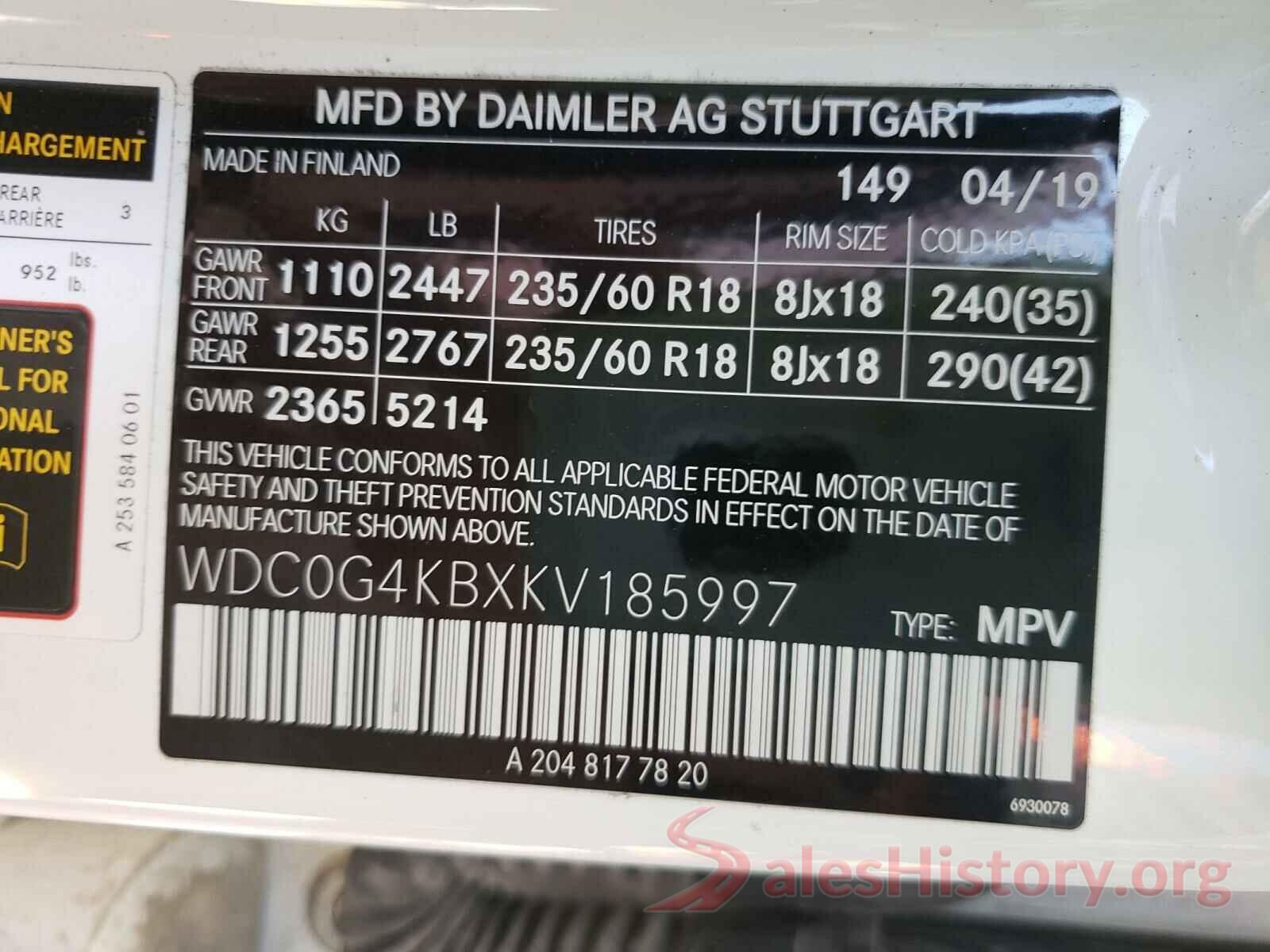 WDC0G4KBXKV185997 2019 MERCEDES-BENZ G CLASS