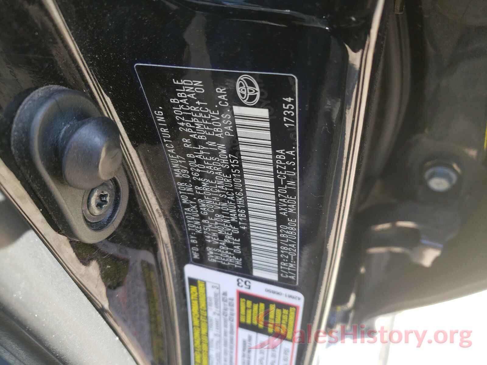 4T1B61HK6JU015157 2018 TOYOTA CAMRY